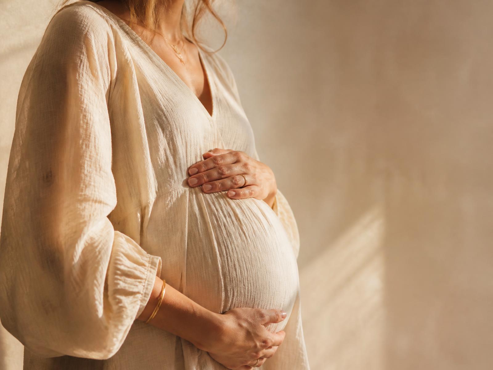Expectant mother cradling her bump in a warm, sunlit studio