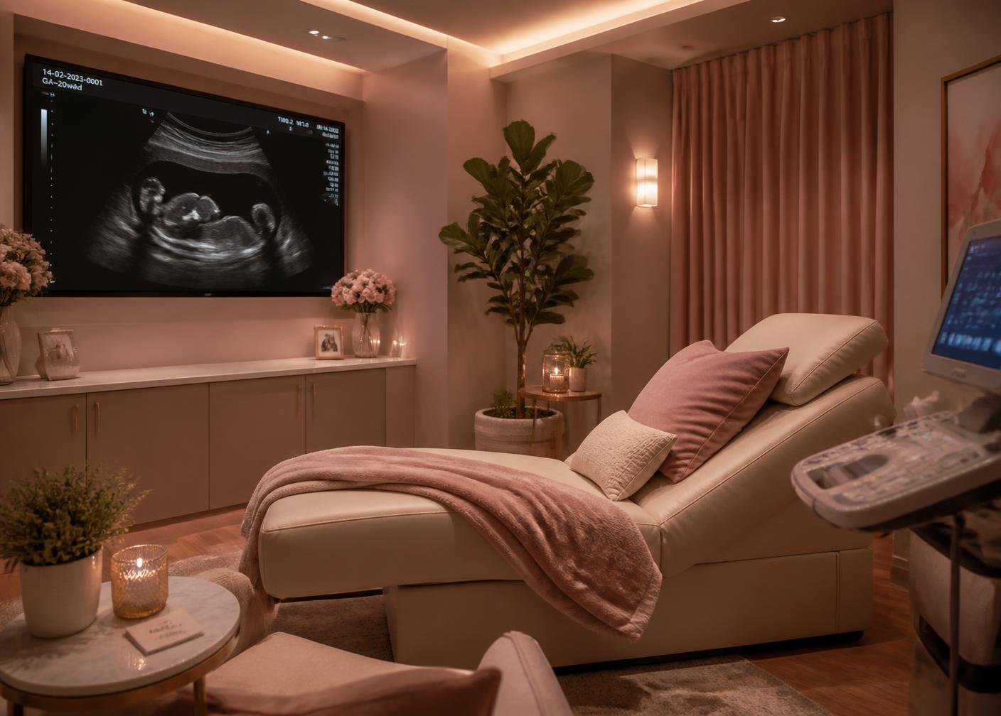 Private ultrasound viewing suite with recliner and large screen